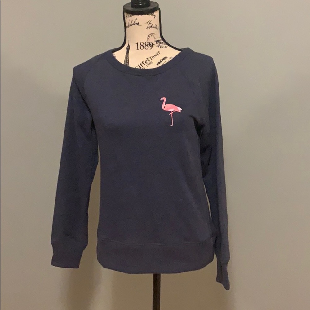 Blue sweater with flamingo.